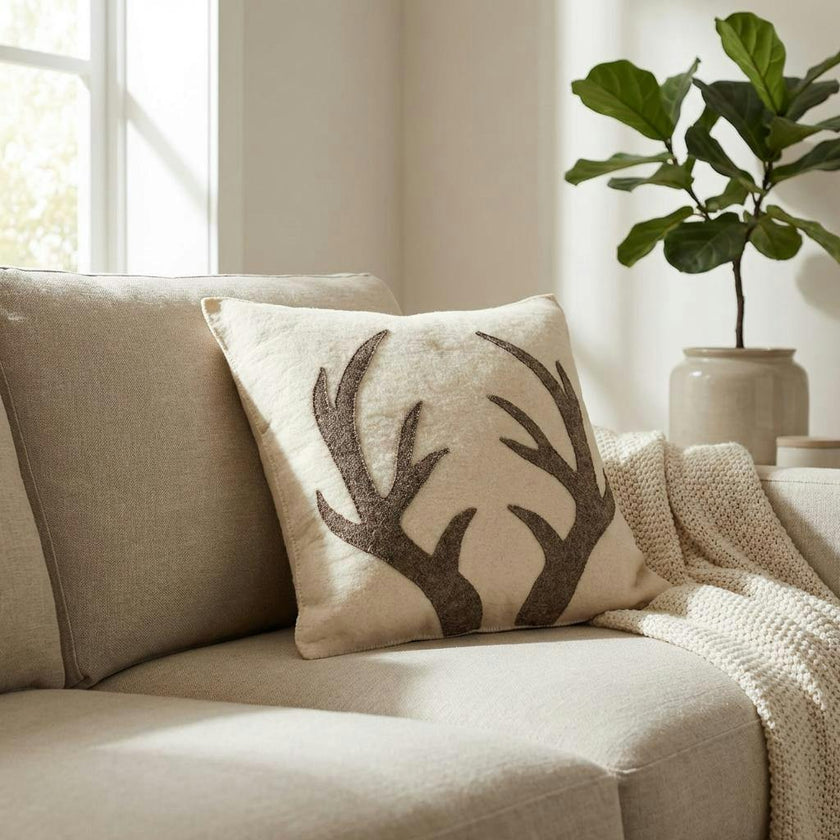 Hand Felted Wool Pillow - Gray Antlers Cream - 20"