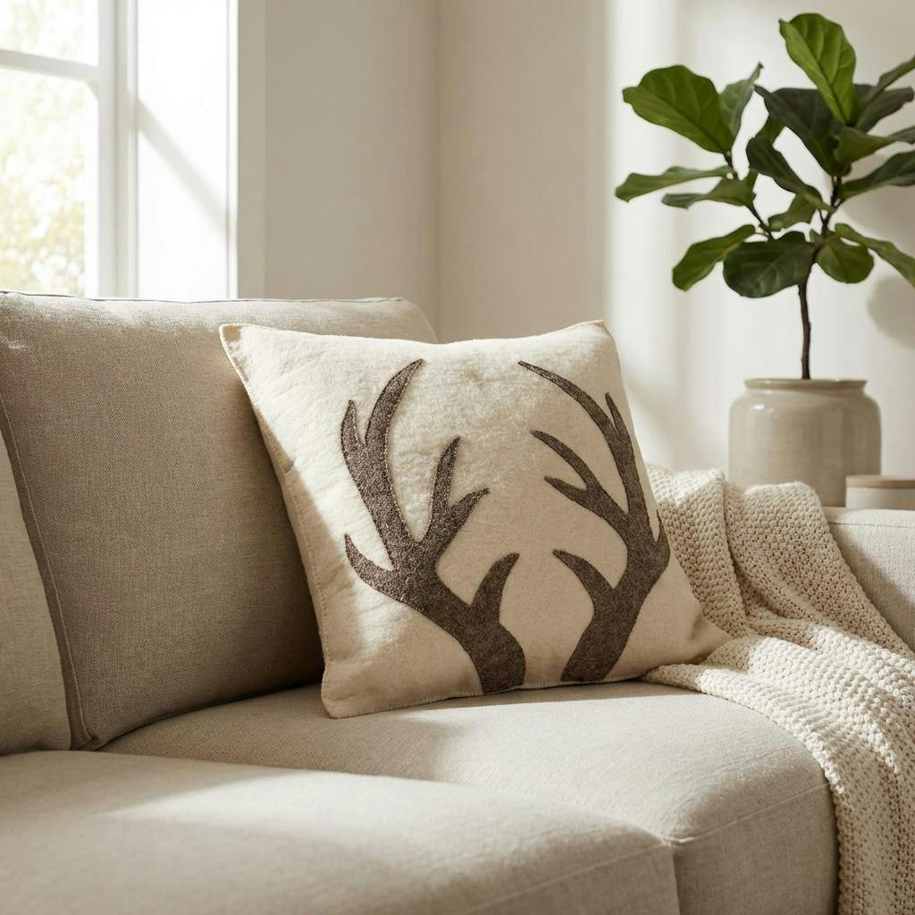 Hand Felted Wool Pillow - Gray Antlers Cream - 20