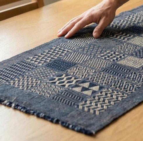 Artisan Hand Loomed Cotton Table Runner - Indigo Blocks - 18"x96"
