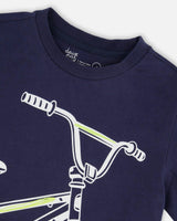 Organic Cotton Jersey T-Shirt With Bike Print Dark Blue