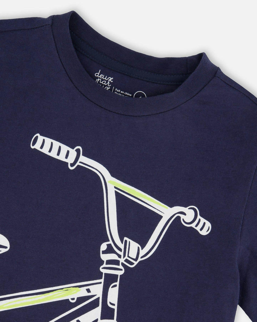 Organic Cotton Jersey T-Shirt With Bike Print Dark Blue