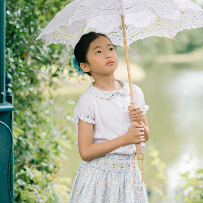 Marie Floral Blue Skirt & Short Sleeve Blouse