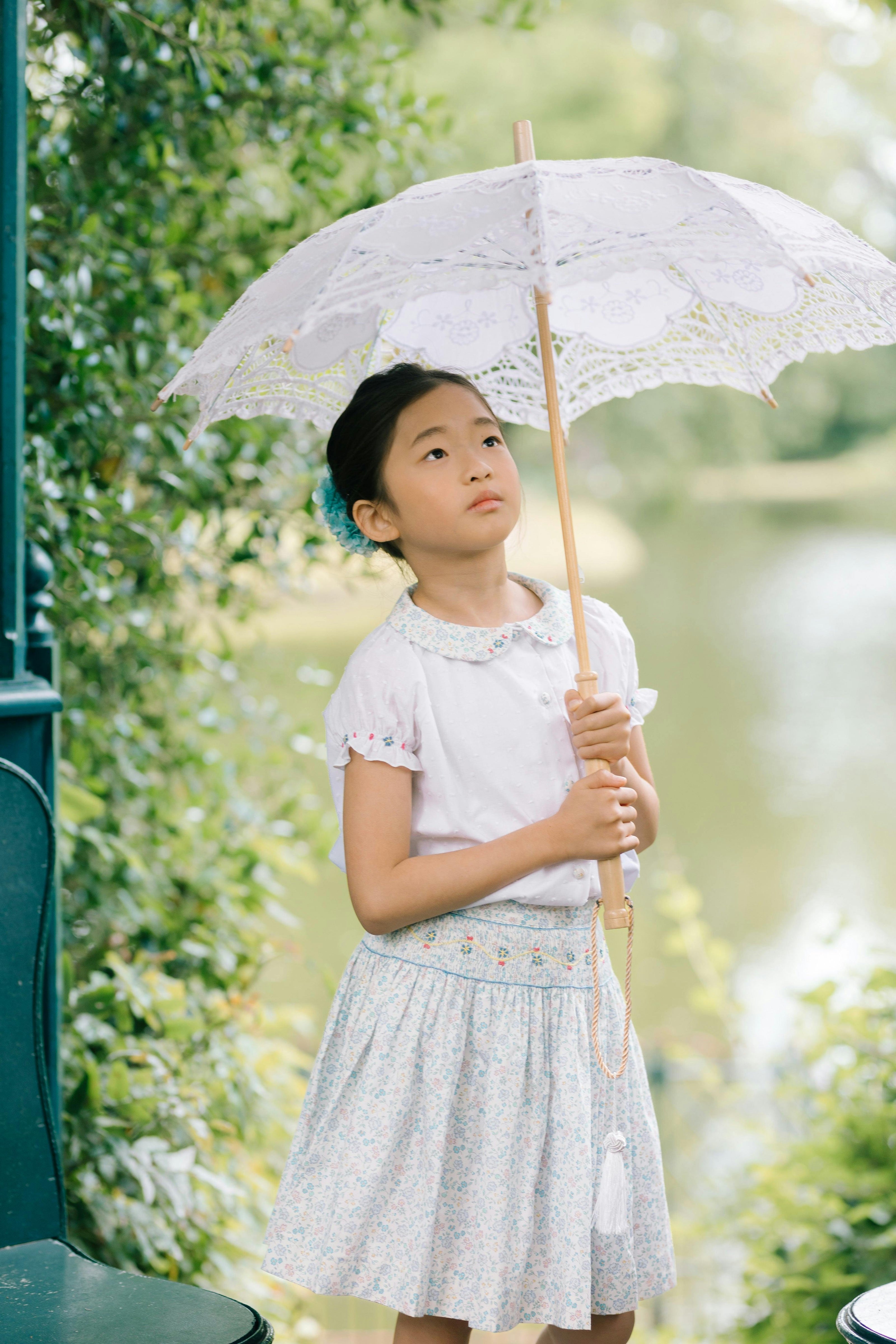 Marie Floral Blue Skirt & Short Sleeve Blouse