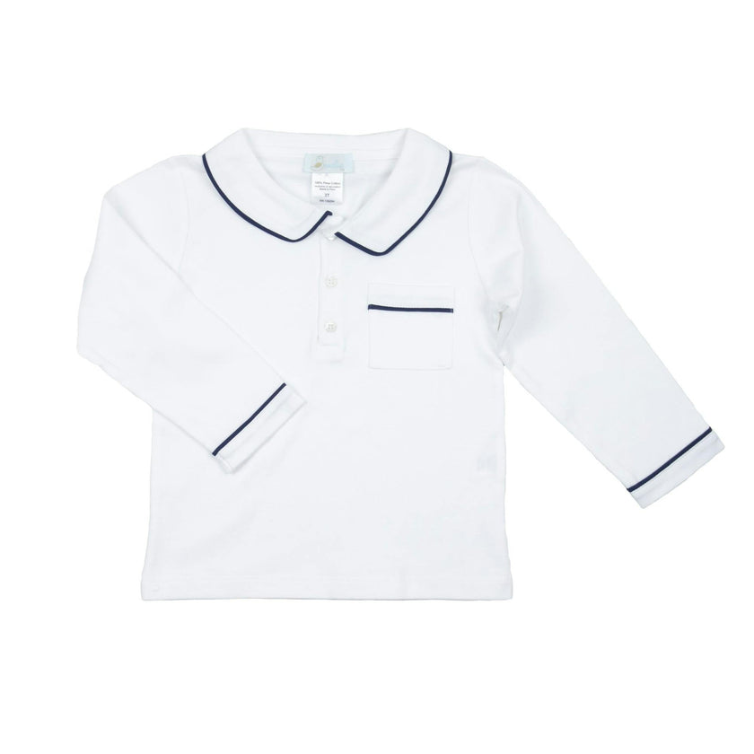 Boys White Pima Polo with Navy Piping