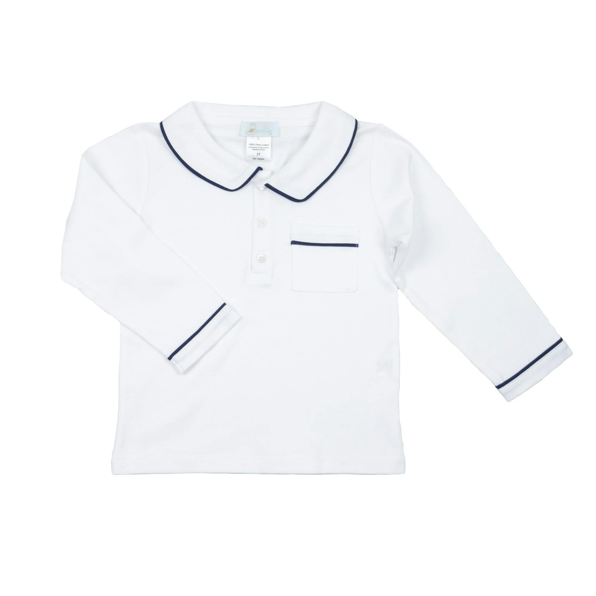 Boys White Pima Polo with Navy Piping