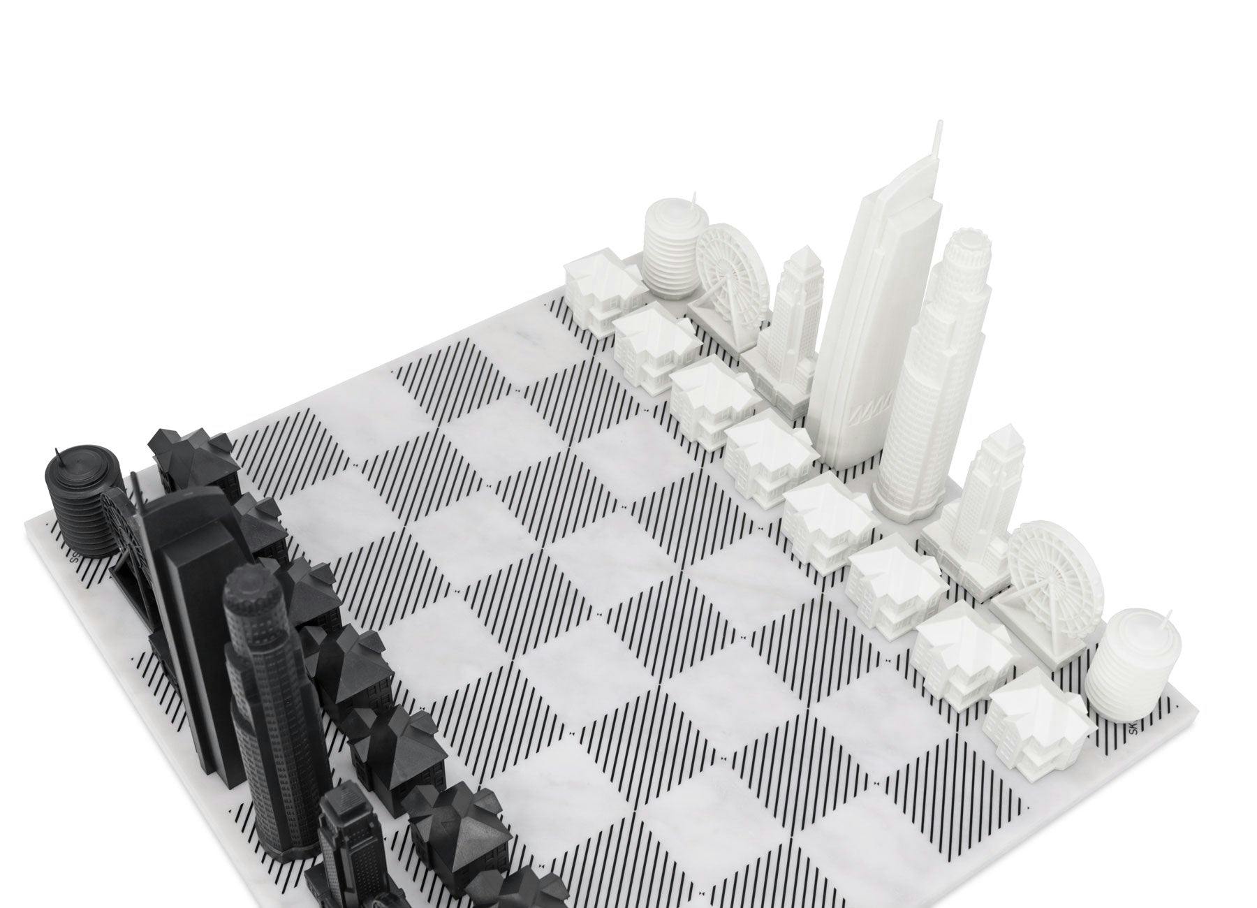 Chess Set Acrylic LOS ANGELES with Marble Hatch Board