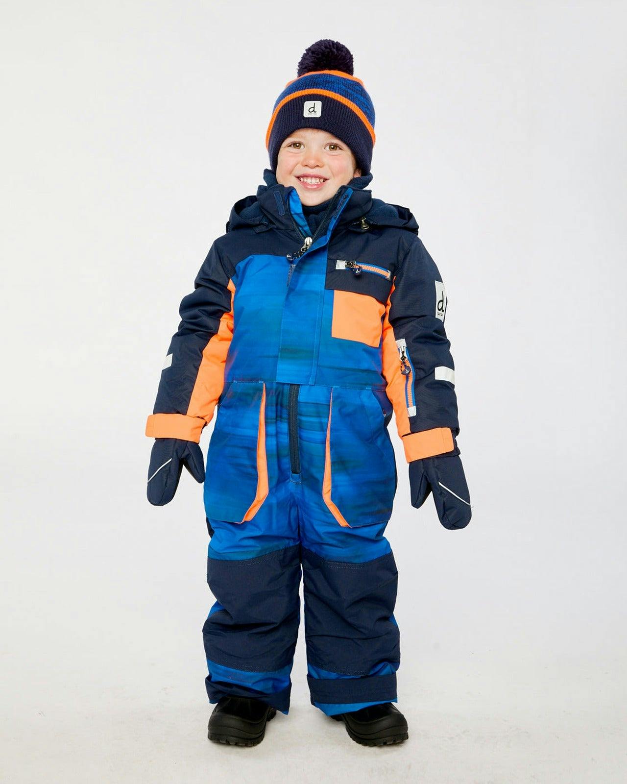 Kids One Piece Play Snowsuit Blue With Black Stripes