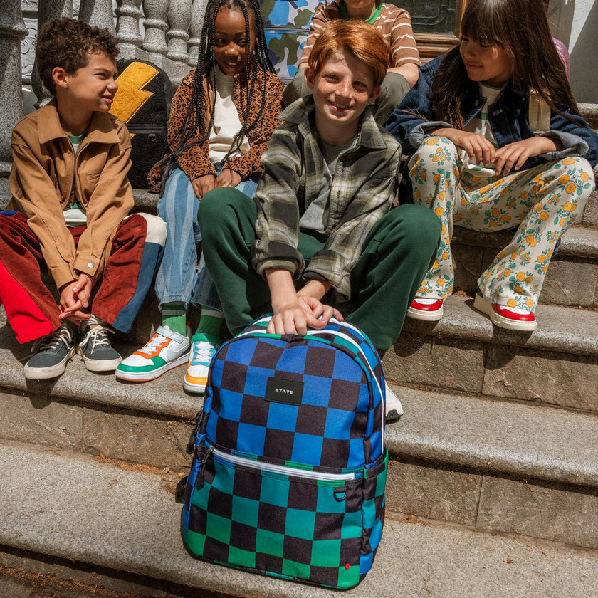 Kane Double Pocket Large Backpack, Blue Checkerboard