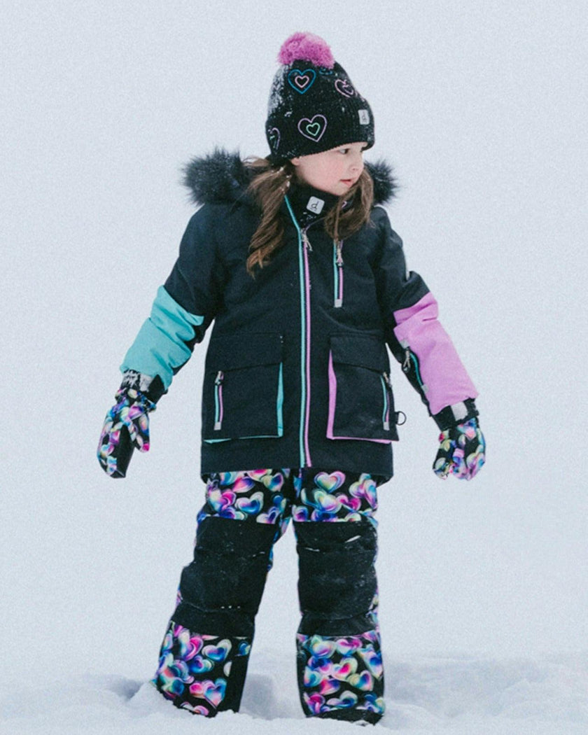 Two Piece Play Snowsuit Black, Blue And Pink Colorblock With Heart Print Pants
