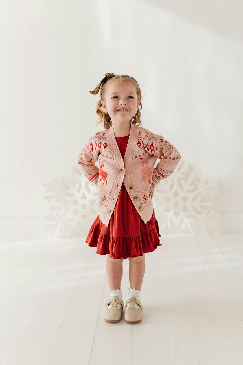 Girls Long Sleeve Jacquard Christmas Knit Sweater in Reindeer