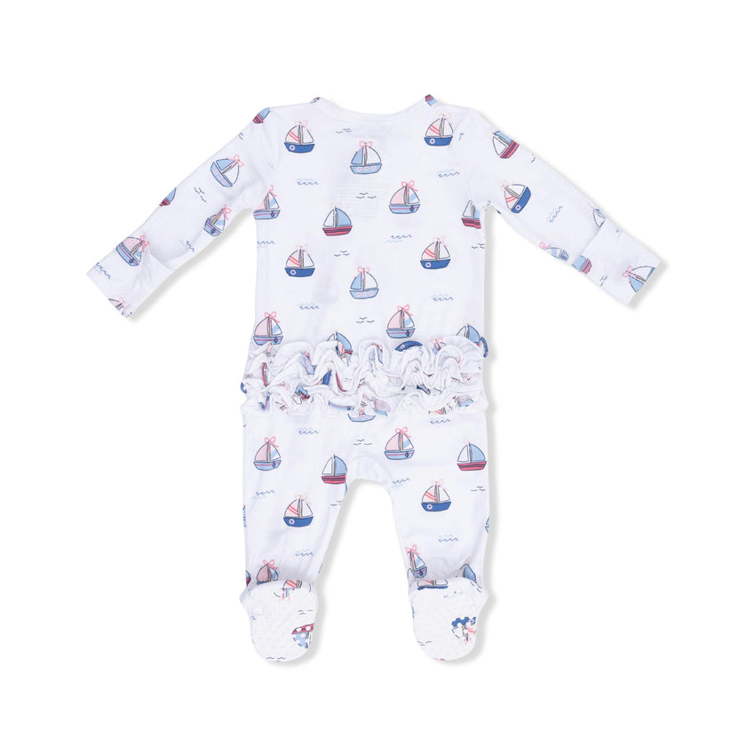 Bubbly Sailboats Pink - 2 Way Ruffle Back Zipper Footie
