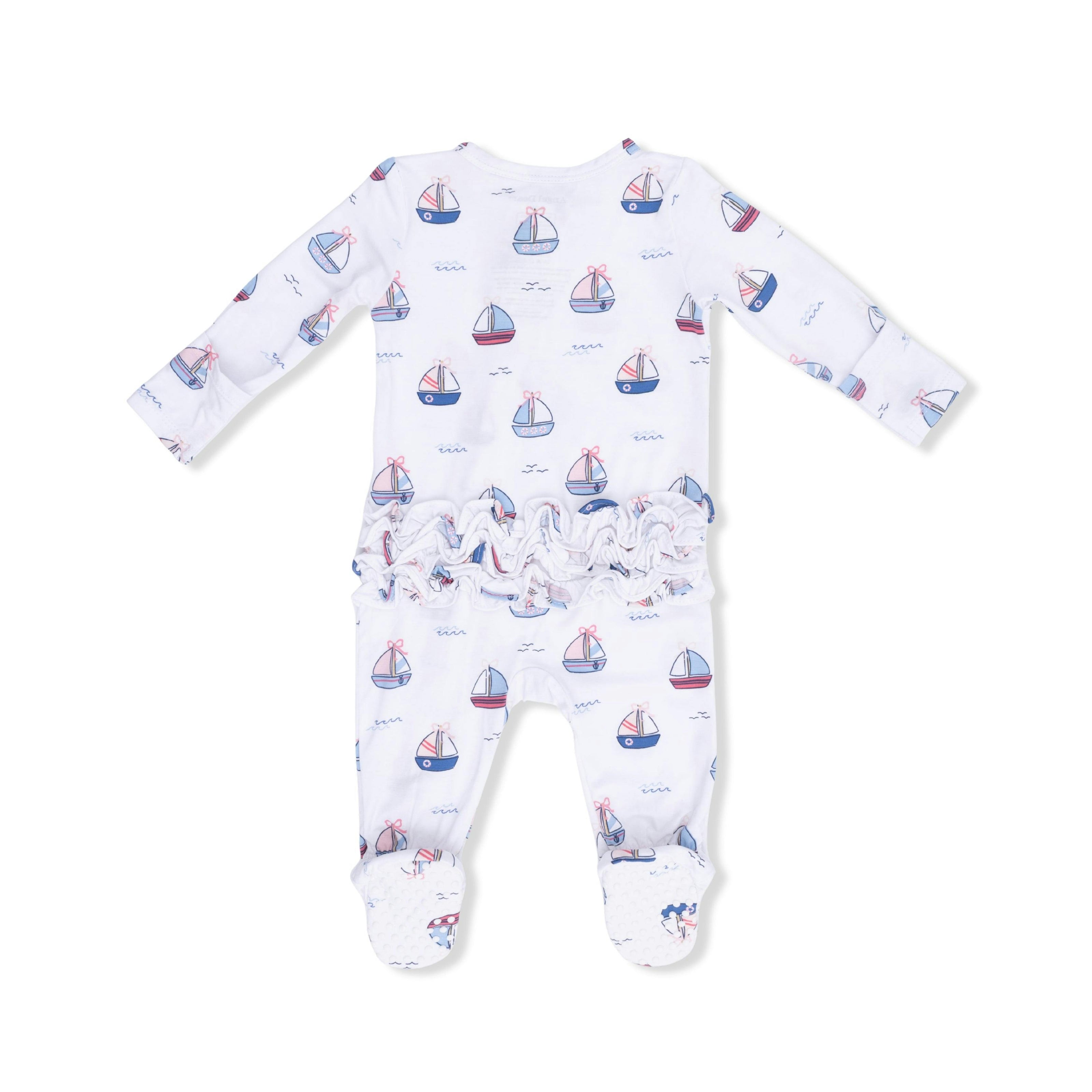 Bubbly Sailboats Pink - 2 Way Ruffle Back Zipper Footie