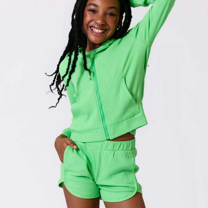 Girls Rib Hoodie in Tropic Green
