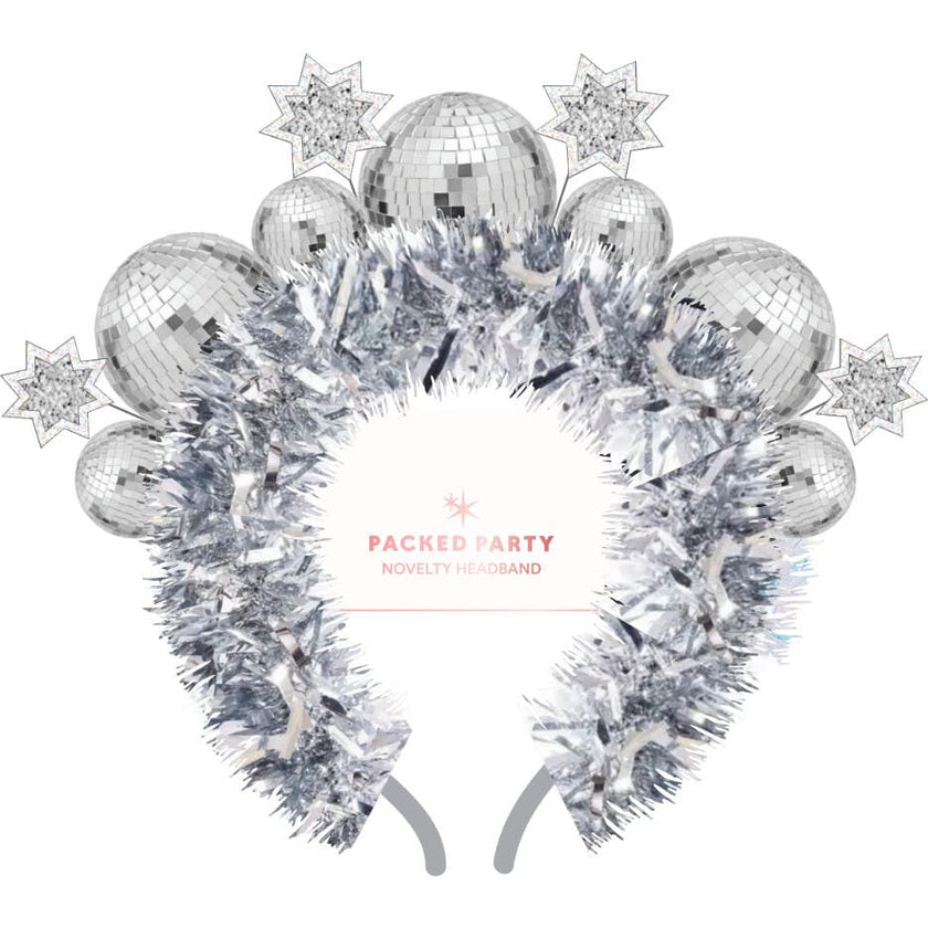 Packed Party Disco Ball Novelty Headband - Silver Tinsel Satin Headband with Multi-Size Disco Balls and Silver Glitter Stars, One Size Fits All