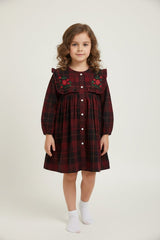 Holly Corduroy Hand-Embroidered Sailor Collar Shirt Dress Red