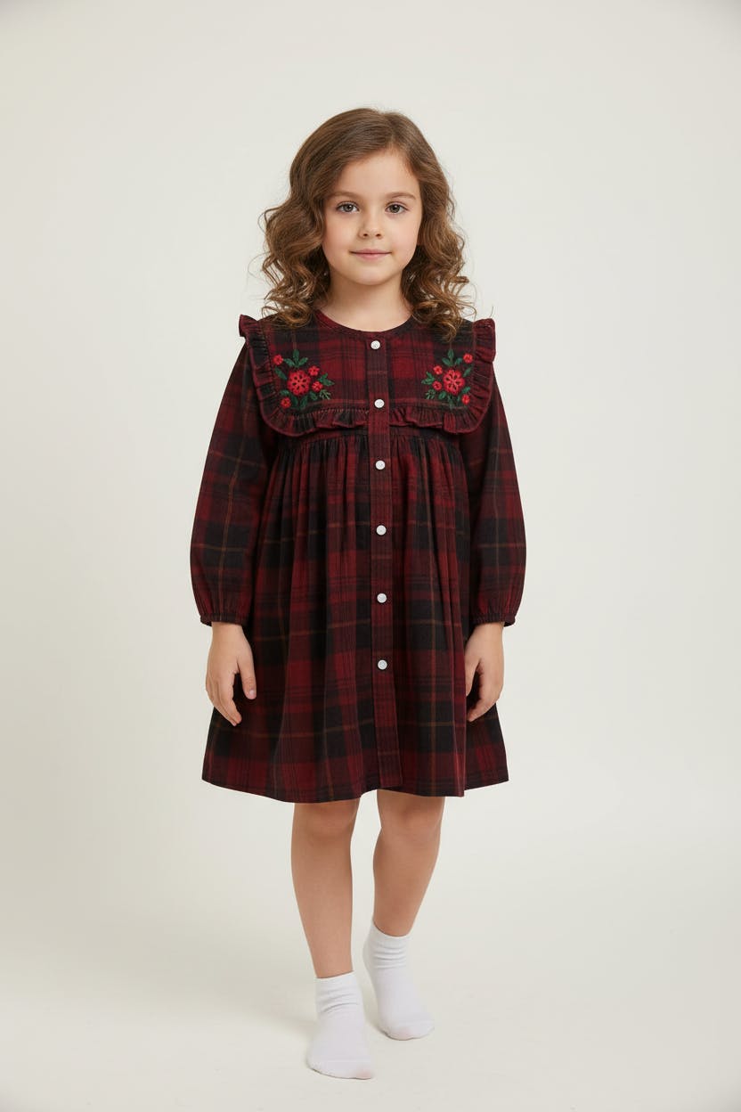Holly Corduroy Hand-Embroidered Sailor Collar Shirt Dress Red
