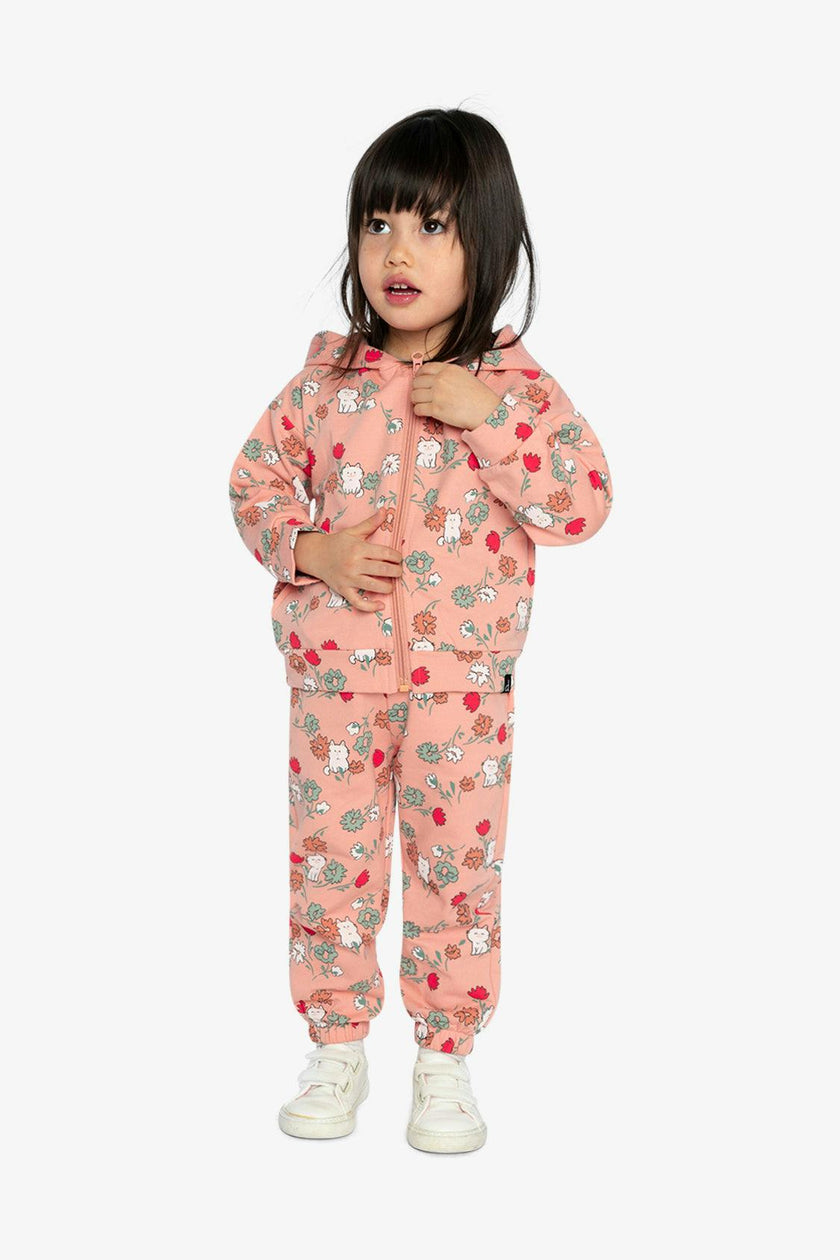 French Terry Hooded Cardigan Pink Cat Print