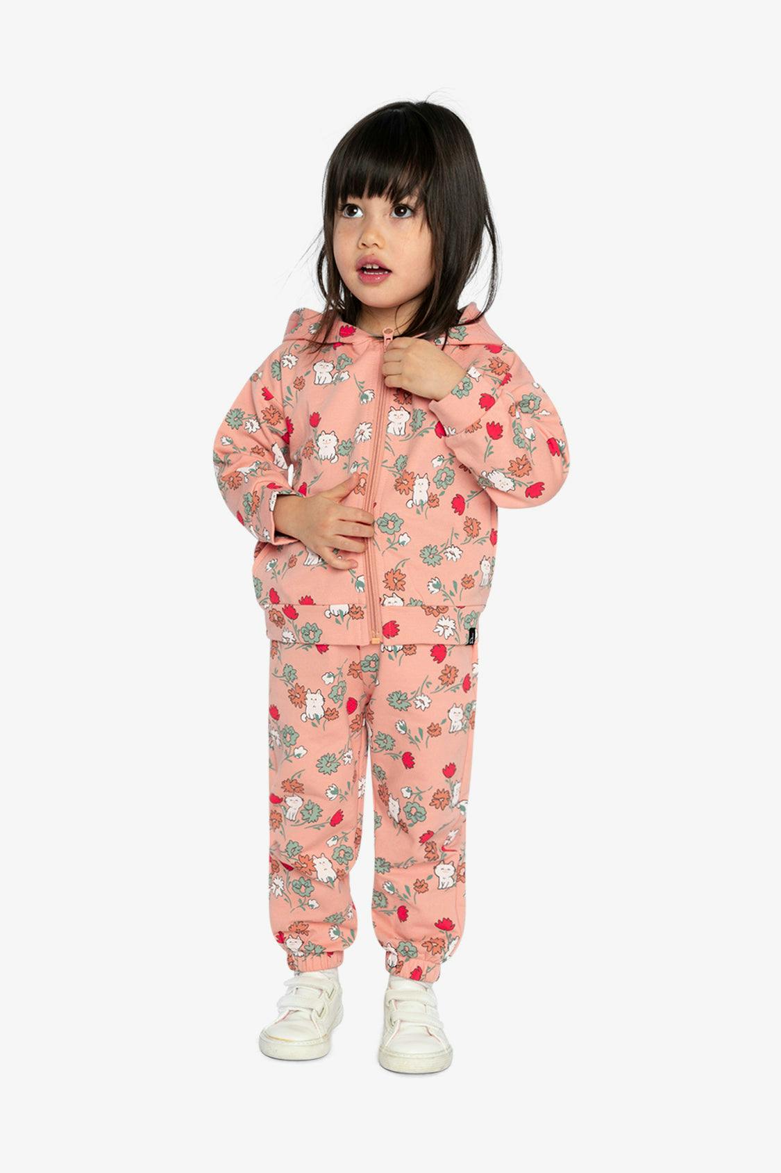 French Terry Hooded Cardigan Pink Cat Print
