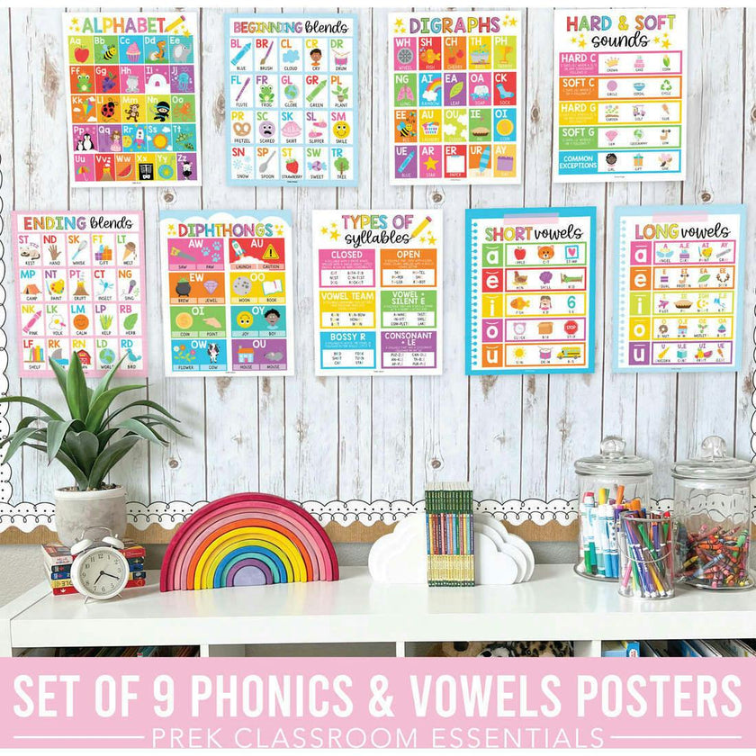 16-Piece Colorful Prek & Kindergarten Posters & 9-Piece Phonics & Vowels Posters