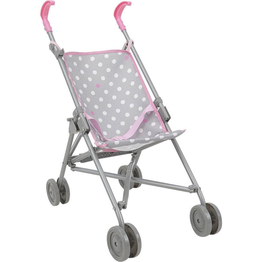 Cotton Candy Pink Umbrella Doll Stroller in Grey Polka Dots Fits Dolls to 24