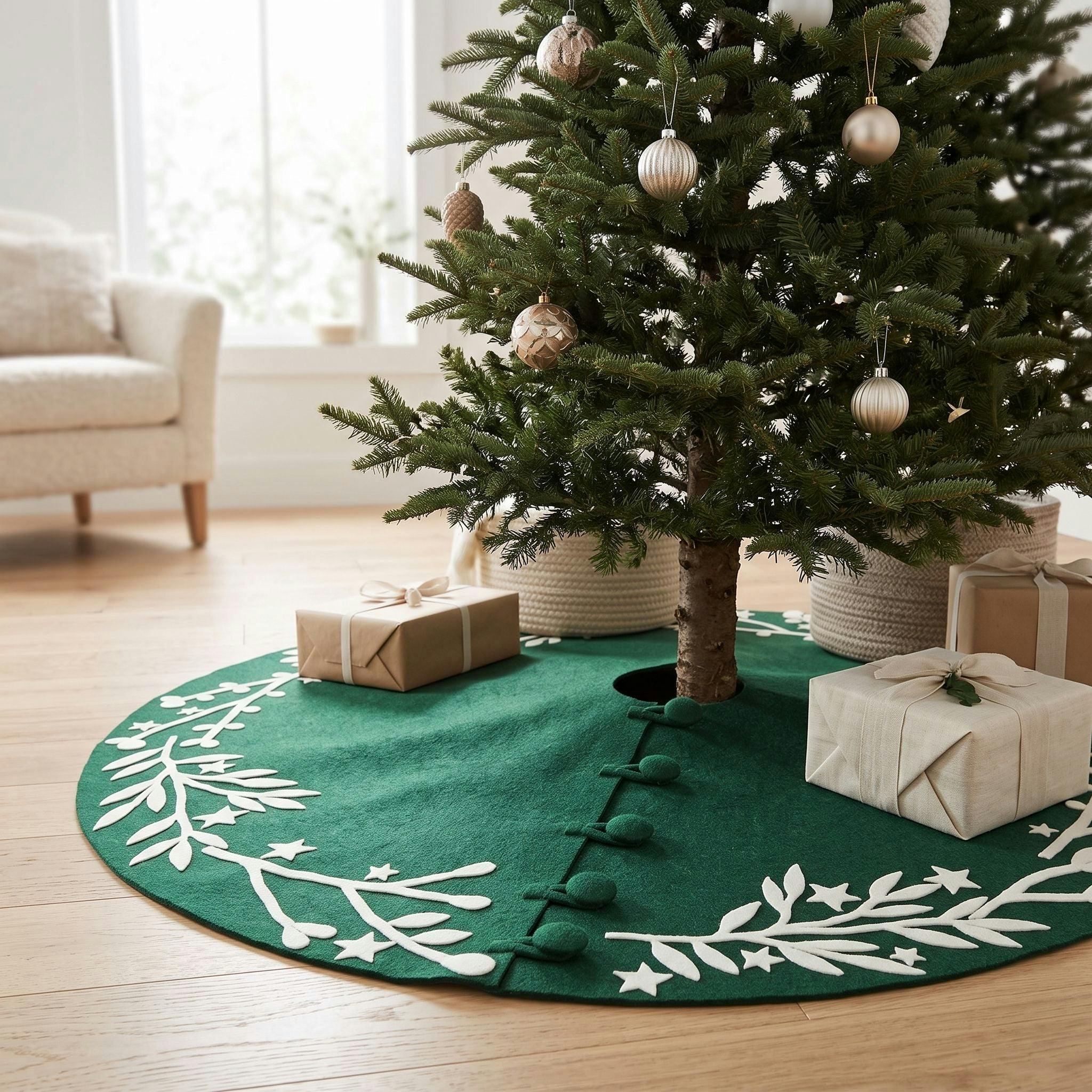 Handmade Felt Cream Branches and Stars Green Christmas Tree Skirt 60