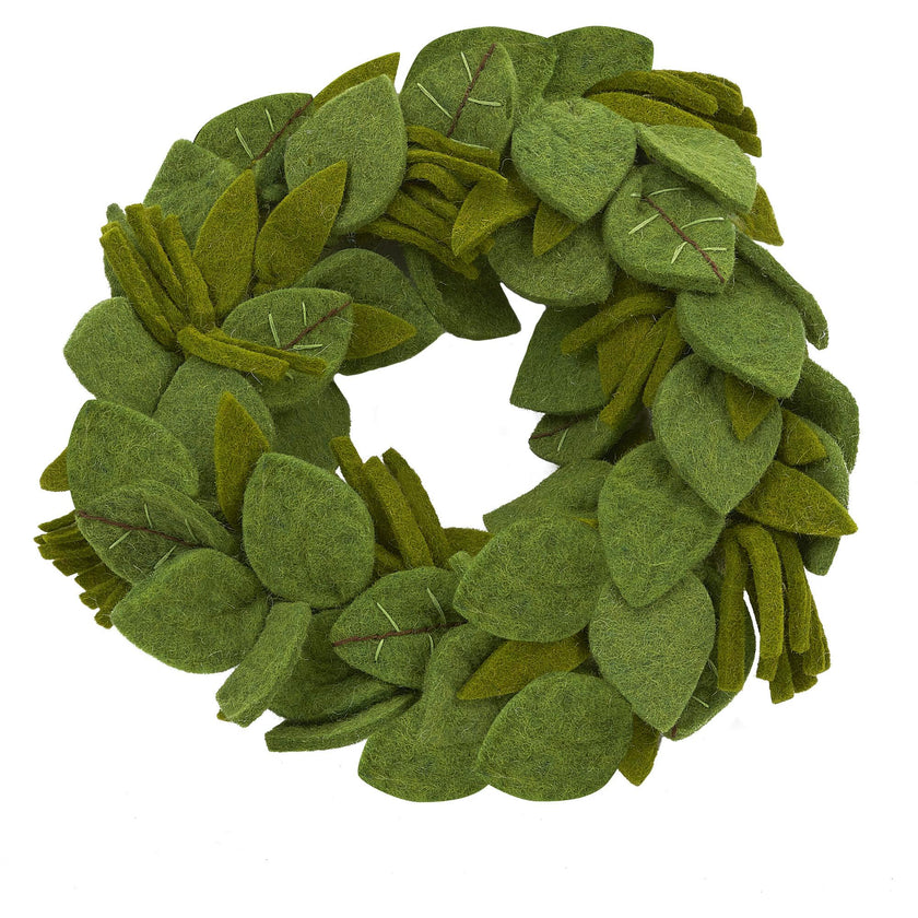 Handmade Hand Felted Wool Wreath - Green Leaves Embroidery - 14"
