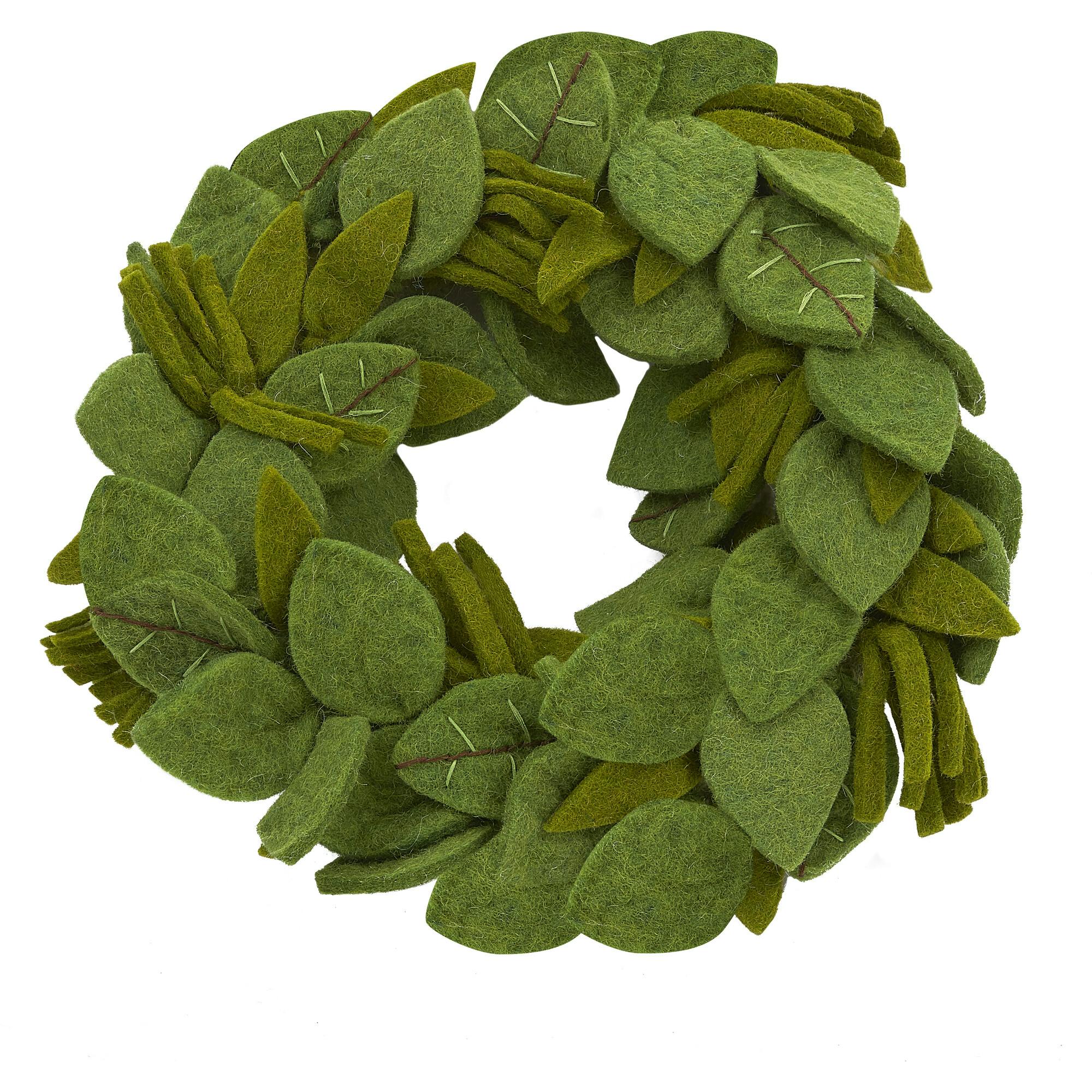 Handmade Hand Felted Wool Wreath - Green Leaves Embroidery - 14