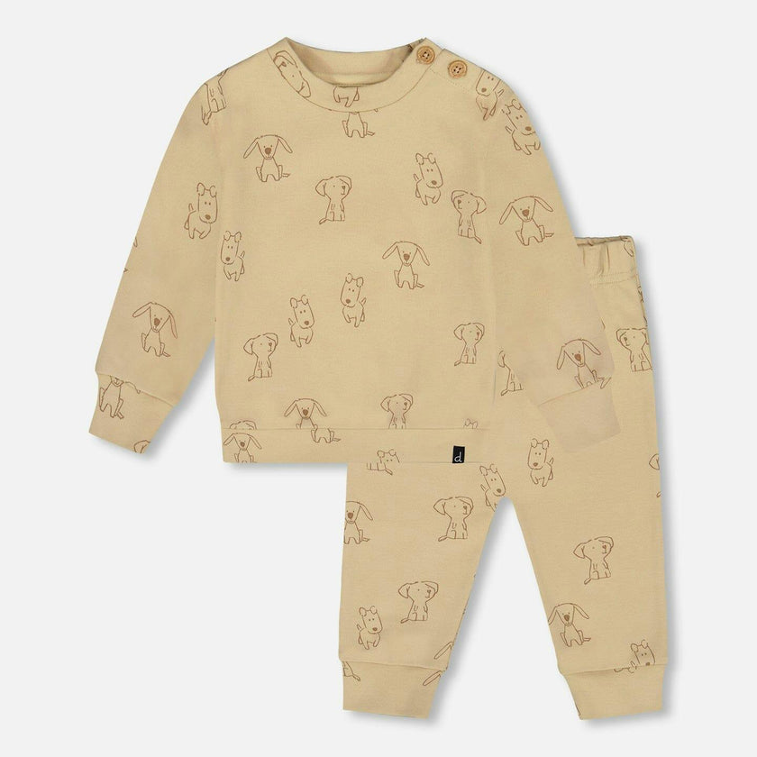 Organic Cotton Pant And Top Set Beige Printed Dogs