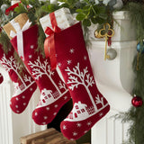 Handmade Christmas Stocking - Snowy Village Embroidered Scene on Red