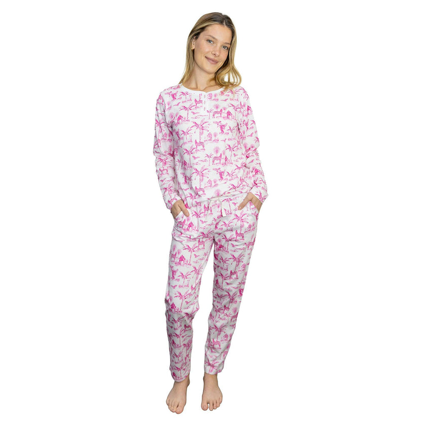 Women's Skydog Toile Pink Jersey Long PJ Set - Organic Stretch Cotton