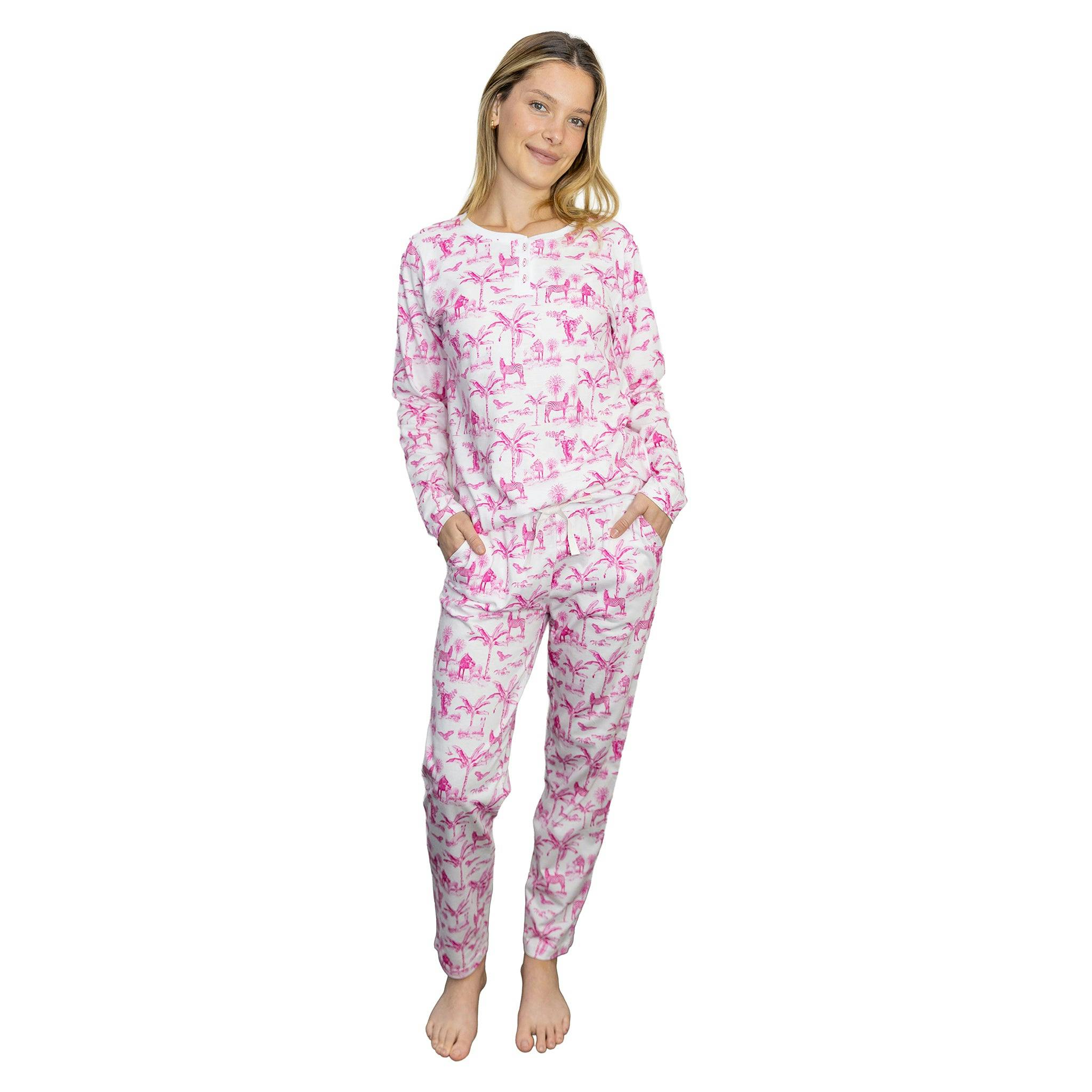 Women's Skydog Toile Pink Jersey Long PJ Set - Organic Stretch Cotton