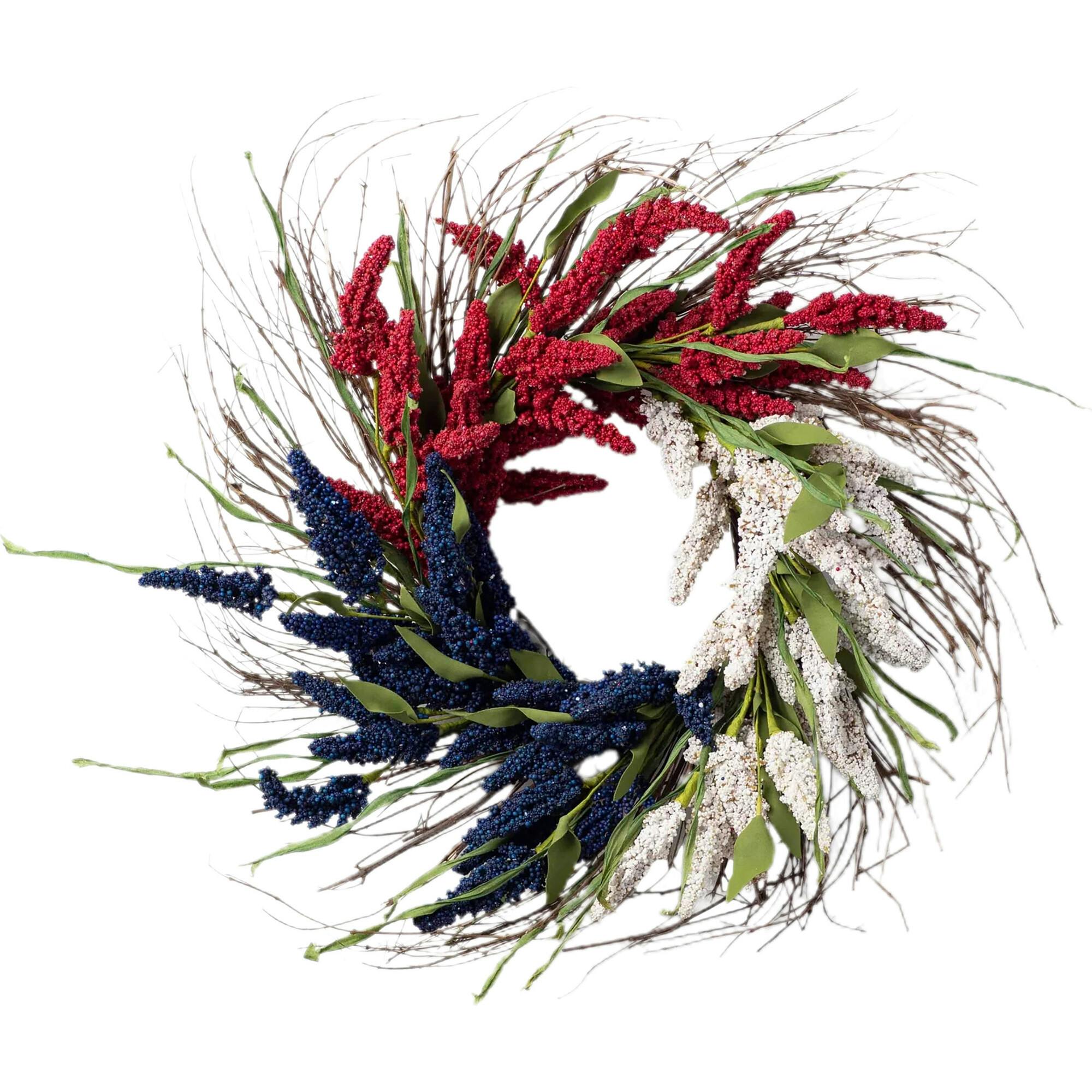 Faux Americana Astilbe Summer Front Door Wreath in Red, White & Blue on Wispy Natural Wreath Base