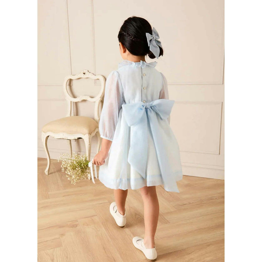 Daisy Embroidered Hand Smocked Long Sleeve Dress in Blue (18mths-8yrs)