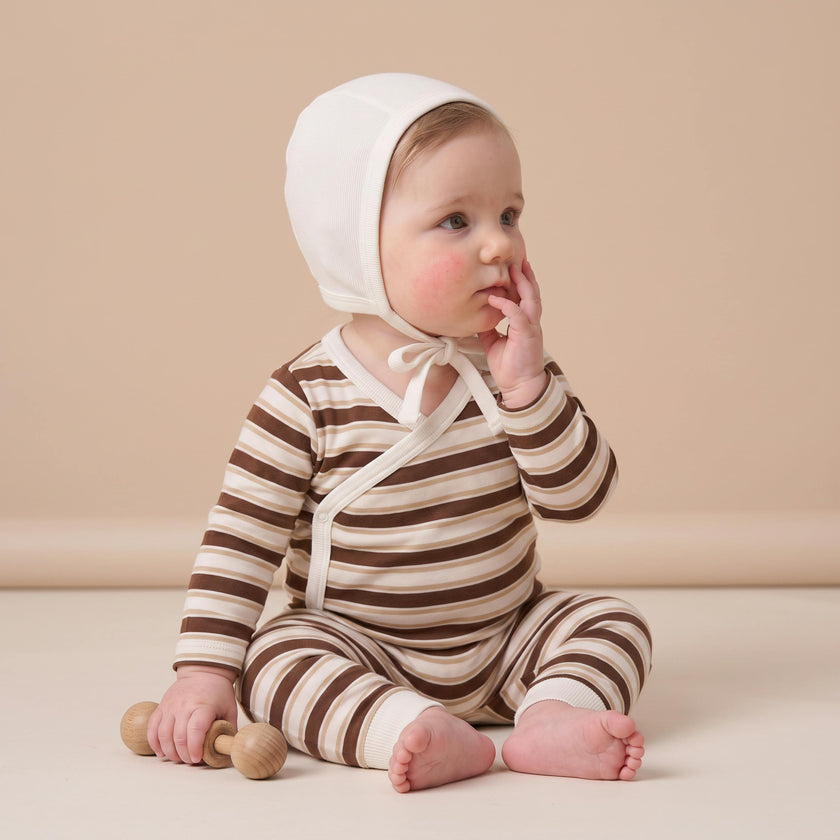 Organic Kimono Onesie & Pants Set - Cocoa Stripe