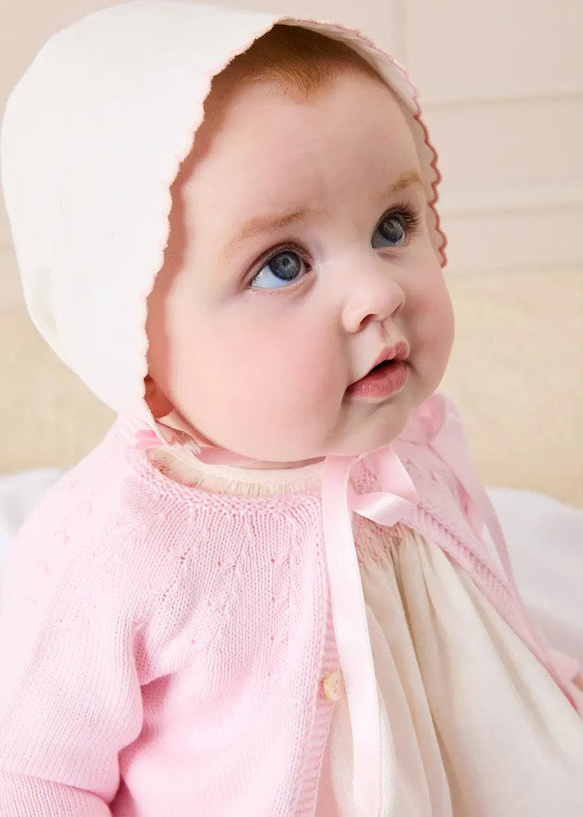 Linen Blend Hand Smocked Cap Sleeve Dress With Bloomers in White (1-6mths)