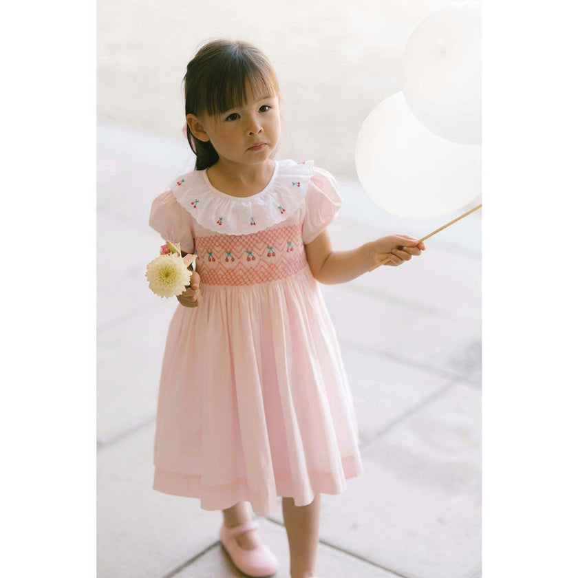 Pink Smocked Dress with Embroidered Cherries