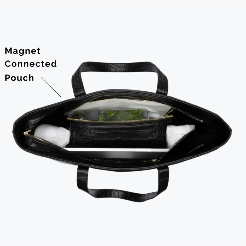 Vegan Leather Work Tote Bag with Removable Insulated Pouch, Black Croc