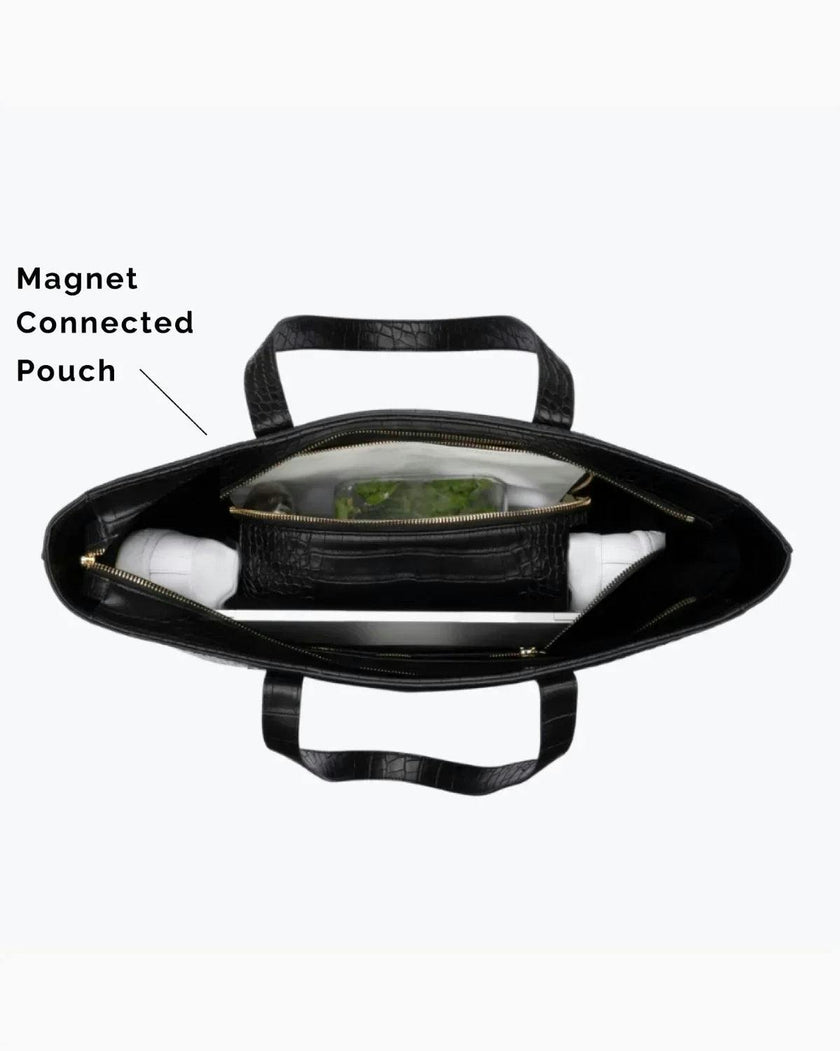 Vegan Leather Work Tote Bag with Removable Insulated Pouch, Black Croc