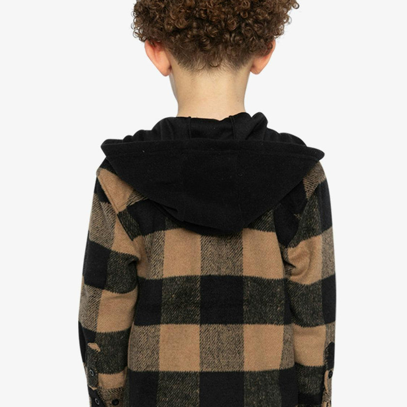 Flannel Shirt with Fleece Hood Brown and Black Plaid
