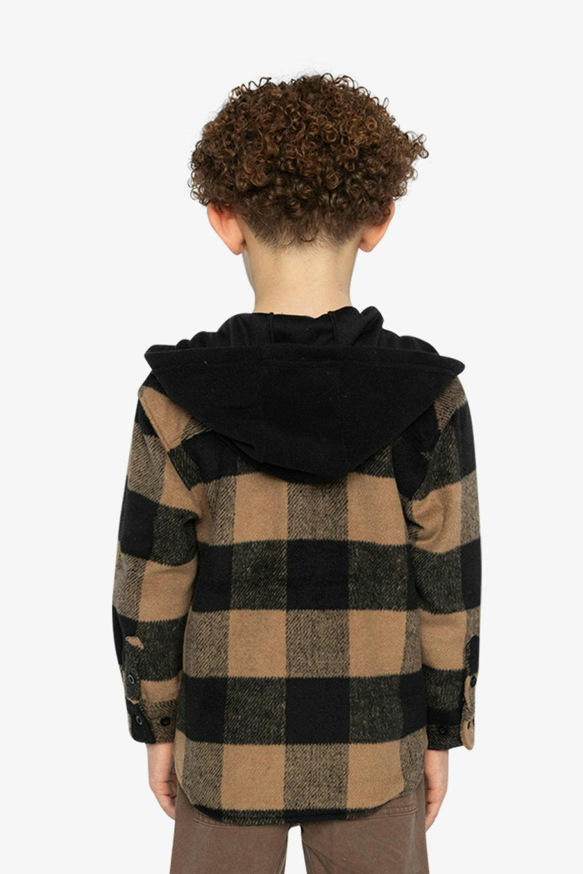 Flannel Shirt with Fleece Hood Brown and Black Plaid