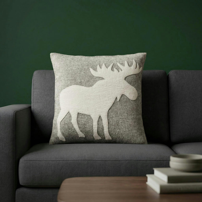 Hand Felted Wool Pillow - Cream Moose Silhouette Gray - 20"