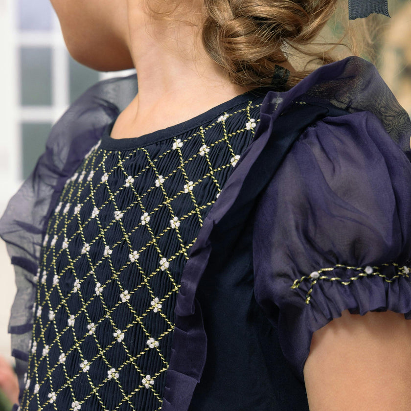 Camelia Navy Cotton Smocked Dress