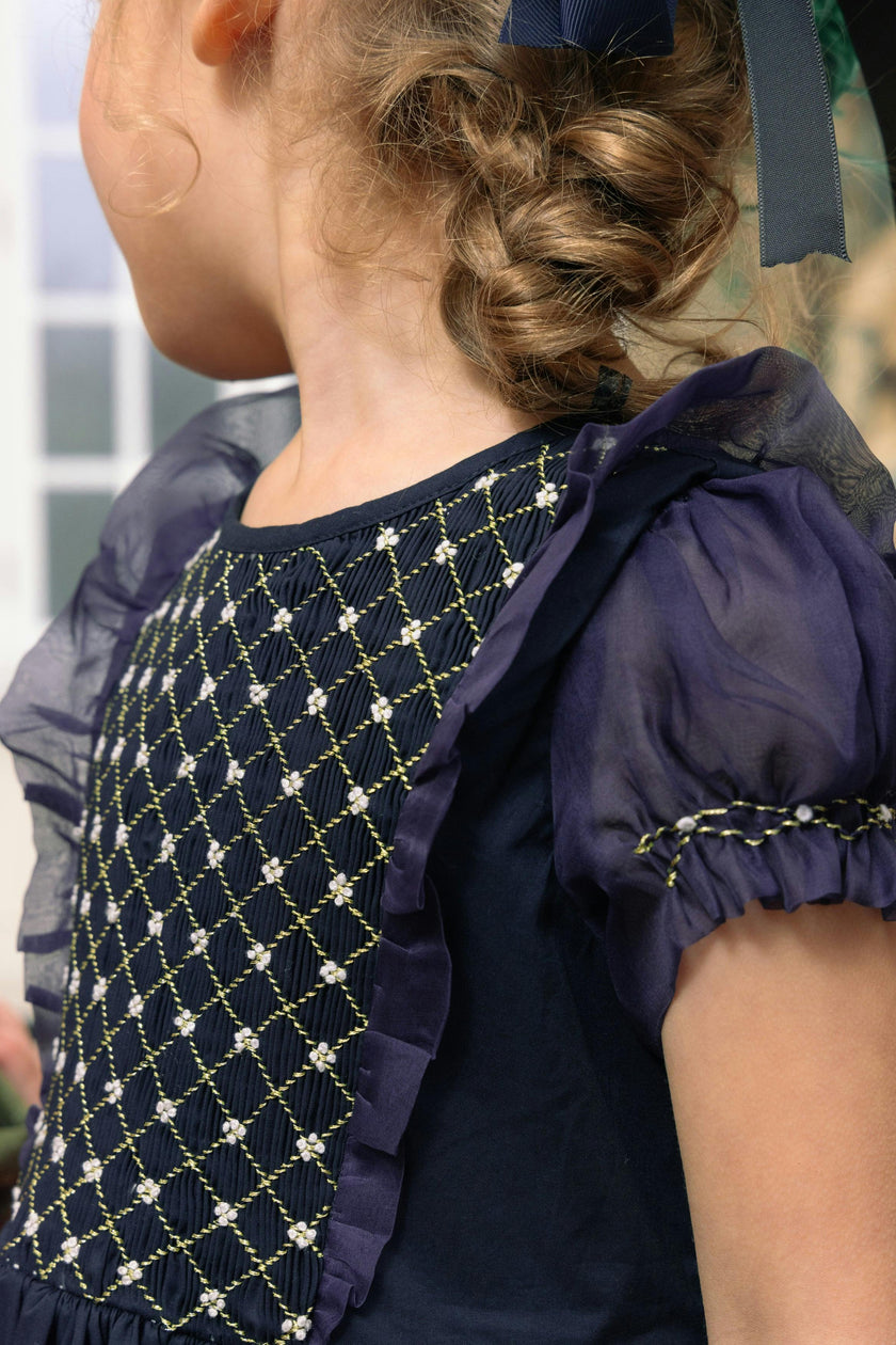 Camelia Navy Cotton Smocked Dress