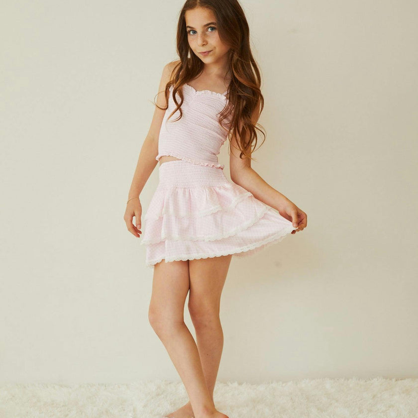 Gemma Pastel Pink & White Gingham Hearts Satin Mini Skirt