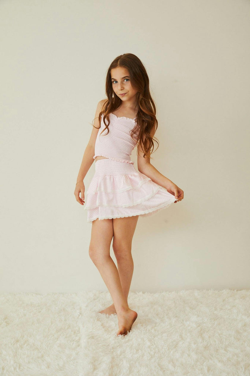 Gemma Pastel Pink & White Gingham Hearts Satin Mini Skirt