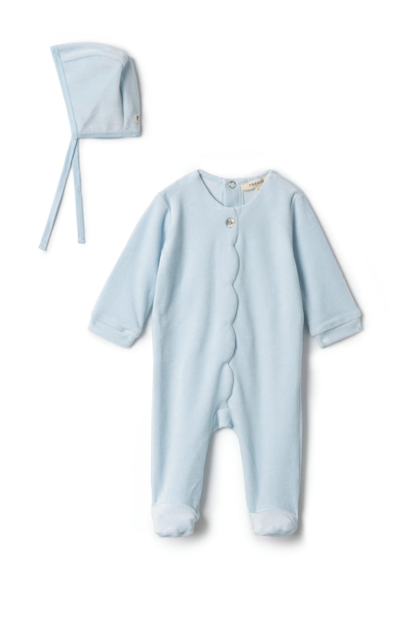 Cotton Velour Scalloped Snap Front Romper and Bonnet Two Piece Set