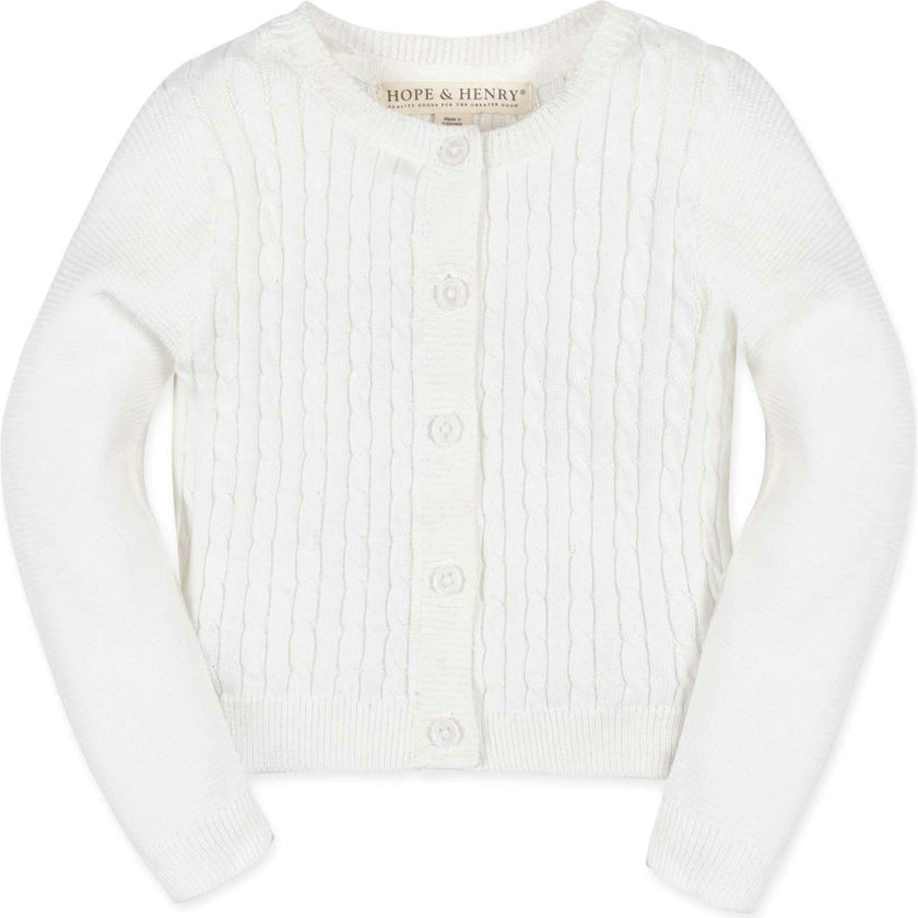 Organic Long Sleeve Cable Knit Cardigan Sweater, White