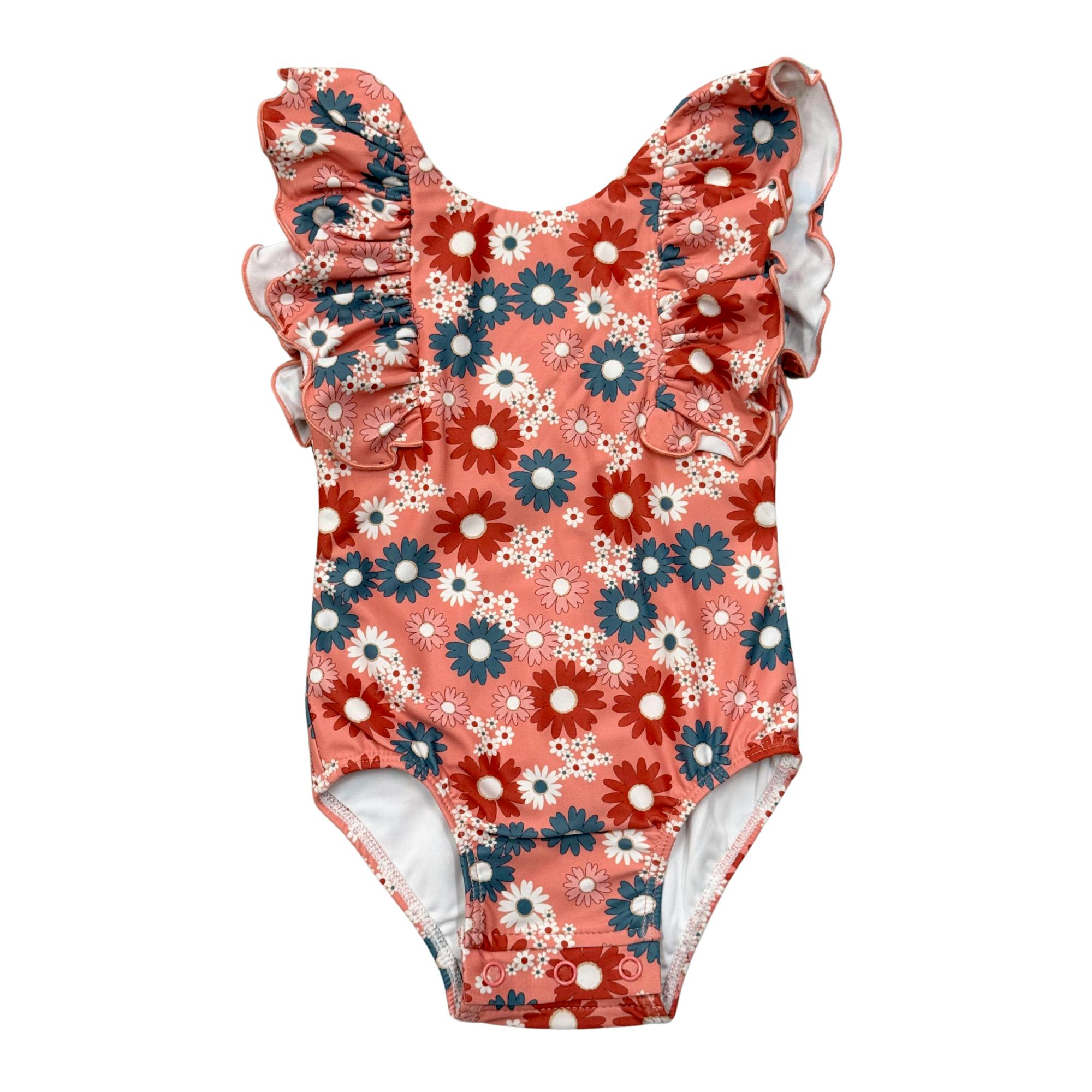 Girl's Ruffle Sleeve Cross Back Swimsuit