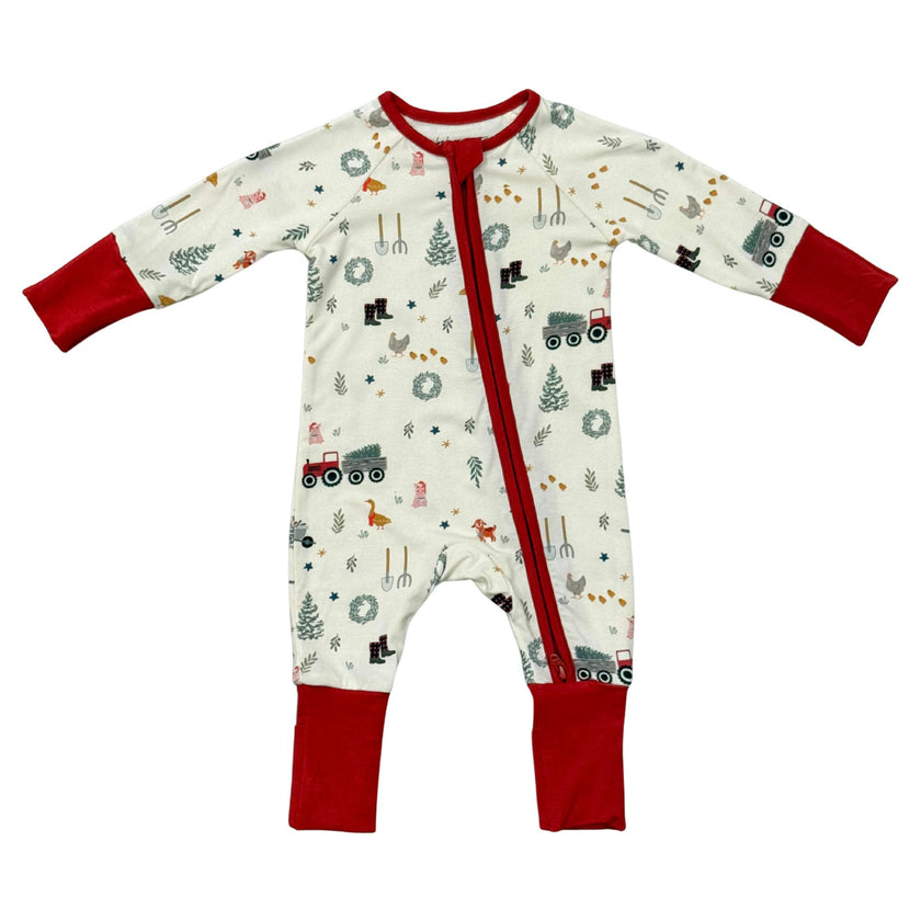 Baby Boy Long Sleeve Zip Romper in Christmas Farm