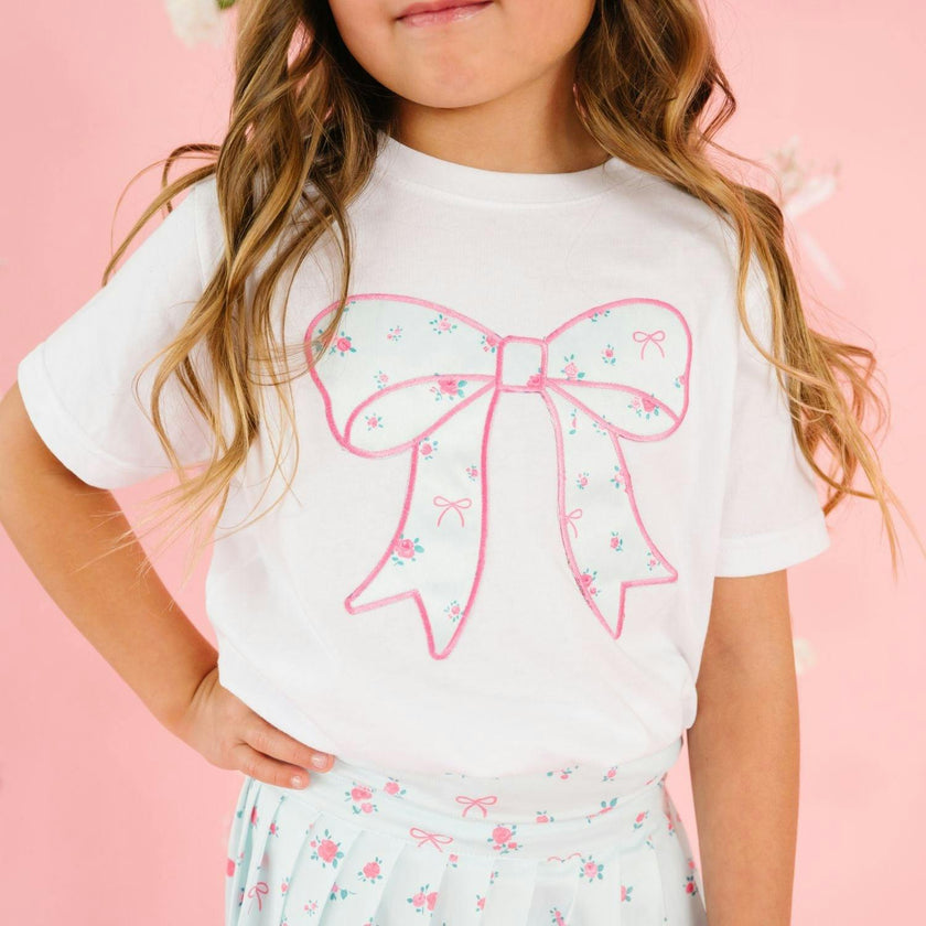 Sky Blue Floral Bow Patch Short Sleeve T-Shirt - White